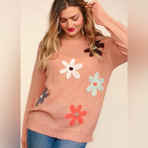 Peach Soft Fuzzy Lightweight Knit Sweater with Floral Knitted Details, Crew Neck - Picture 2 of 13